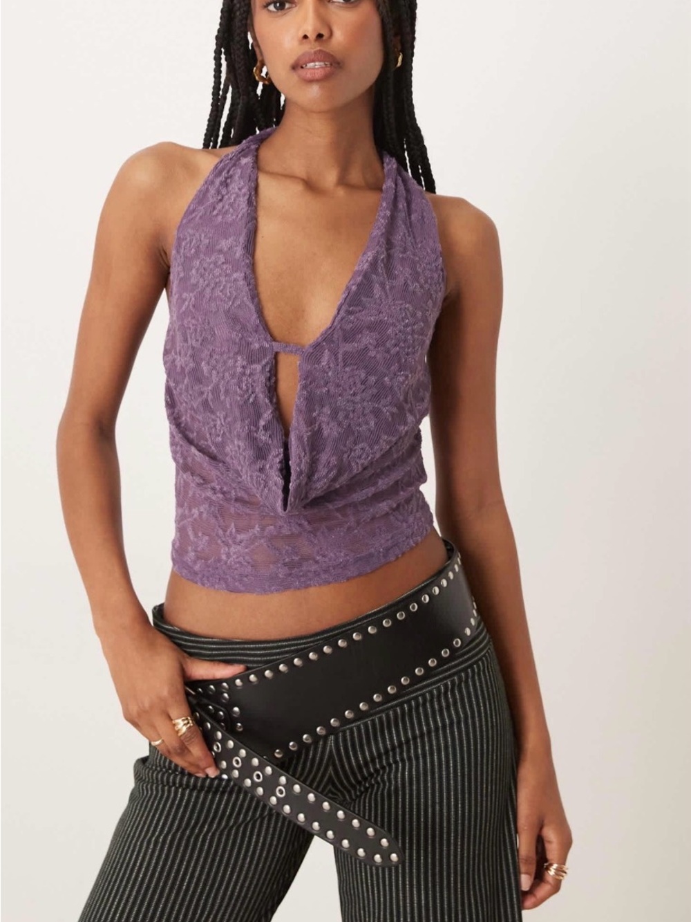 Motel Rocks Yukari Plunge Halter Top Purple Floral Jacquard Lace Small NWT